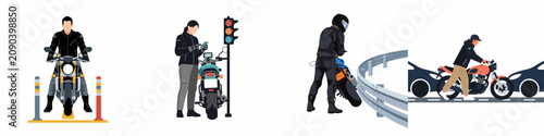 Flat vector illustrations of motorcyclists in different situations like navigating traffic, using GPS, and maneuvering their bikes in urban settings.