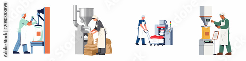 Industrial food production and packaging factory workers flat vector illustrations showing grain and sugar processing in large sacks.