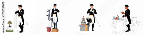 Illustrations of equestrians in formal dressage attire, including riders with whips, prize podium, and equipment, set against a clean white background for a professional look.