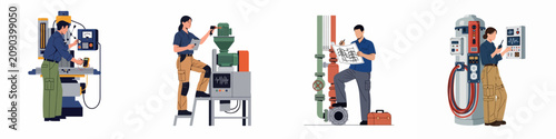 Diverse set of industrial workers performing maintenance and operations on specialized factory equipment and systems.