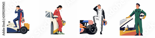 Set of tired and exhausted race car drivers in professional suits standing by their vehicles after a competition on white background.