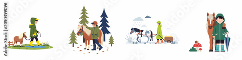 Set of illustrations depicting a young boy caring for and working with his pony in various outdoor environments like forests and rainy farms.
