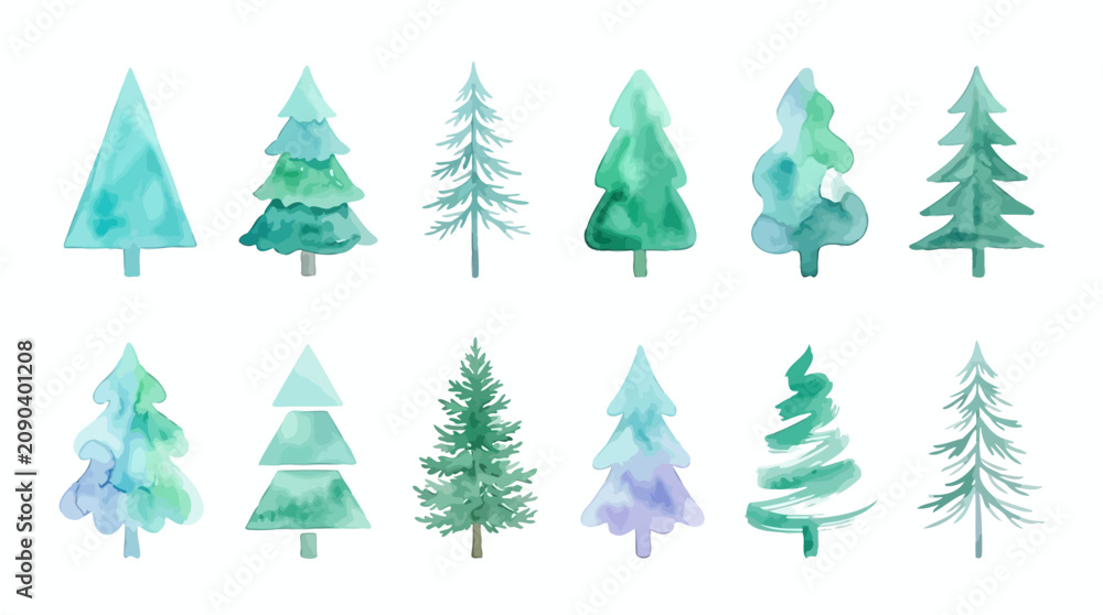 Obraz premium Create a collection of minimalist watercolor Christmas tree illustrations.