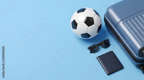 Soccer Ball Suitcase Sunglasses and Passport Wallet Flat Lay on Blue Background Sports Travel Vacation Concept