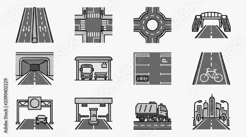 Canvastavla Sleek Monochrome Icons Showcasing Diverse Road Infrastructure Elements and Traff