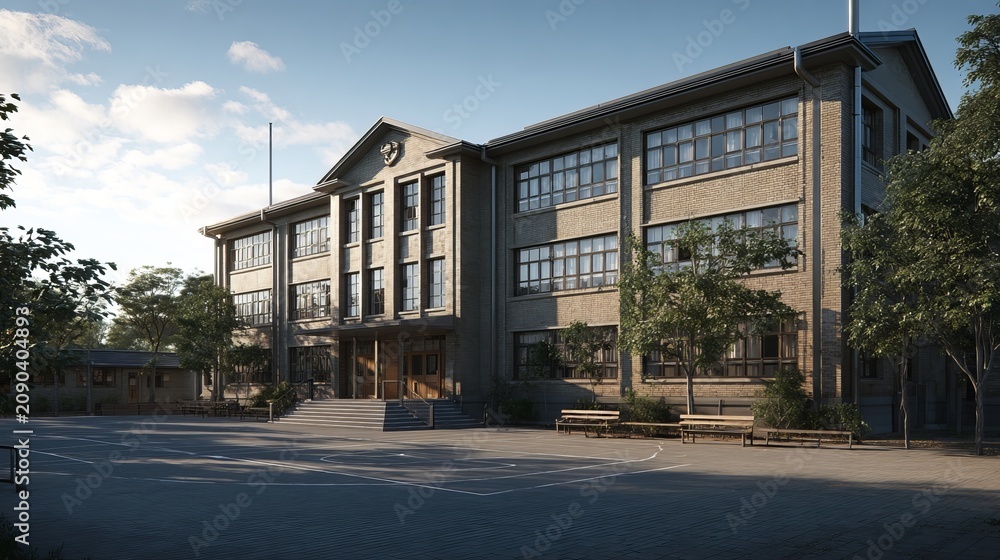 Fototapeta premium Modern school building under a beautiful blue sky with bright daylight and education campus exterior
