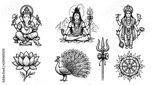 Hand drawn hindu mythology icons ganesha shiva vishnu lotus trident peacock chakra, black ink sketch vector illustration
