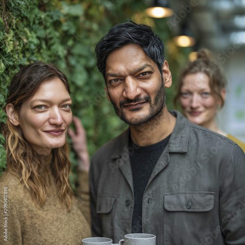 Warm, smiling couple shares coffee outdoors. Third person smiles softly in background. Soft lighting enhances friendly, relaxed atmosphere. Ideal for lifestyle, social, or wellness content