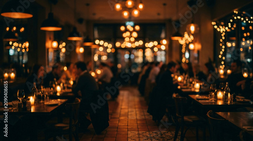 Cozy restaurant interior with tables and warm lighting, people dining