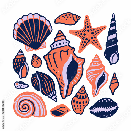 A vibrant collection of hand-drawn seashells and a starfish, in shades of coral, navy, and lavender, evoking a summery beach theme