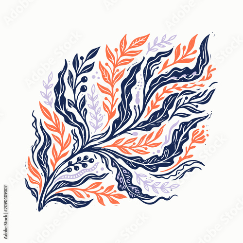 Artistic Underwater Seaweed Foliage with Decorative Blue and Orange Kelp Leaves Illustration
