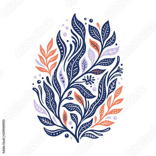 Elegant and whimsical botanical illustration showcasing stylized aquatic or terrestrial flora in a harmonious composition of vibrant colors and intricate details, perfect for decorative designs