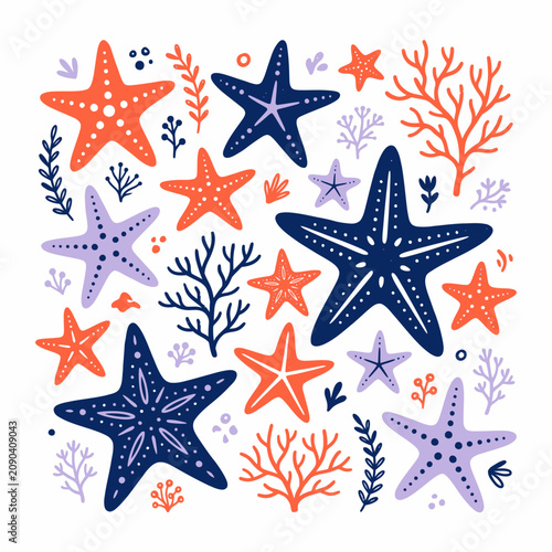 Vibrant Underwater Scene with Starfish and Coral Illustrations