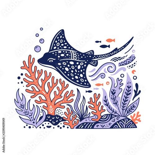 Stylized Underwater Marine Life Illustration Featuring a Stingray Swimming Over Colorful Coral Reefs and Seaweed