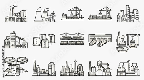 Quadro su tela Industrial Illustrations Showcasing Diverse Factories Plants and Machinery in Mo