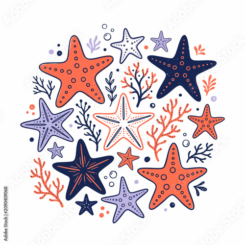Decorative round composition with hand drawn colorful starfish and sea corals