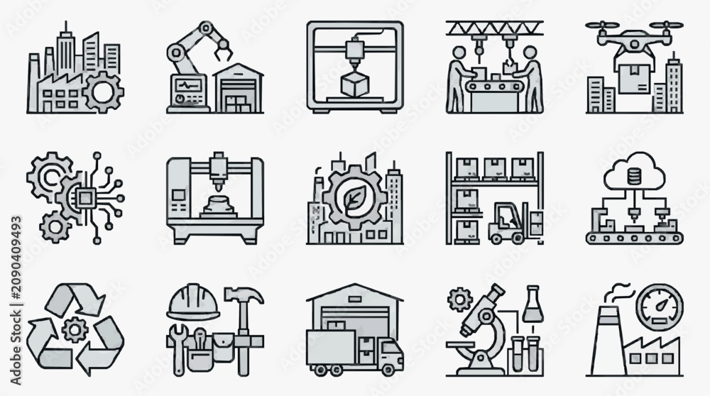 Fototapeta premium Clean Black and White Line Icons Set Featuring Industrial Automation Technology Recycling and Scientific Concepts