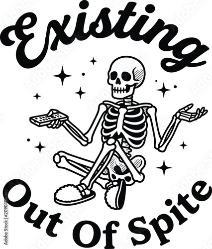 Tableau sur toile Skeleton sitting in a lotus position holding a television remote with the text e