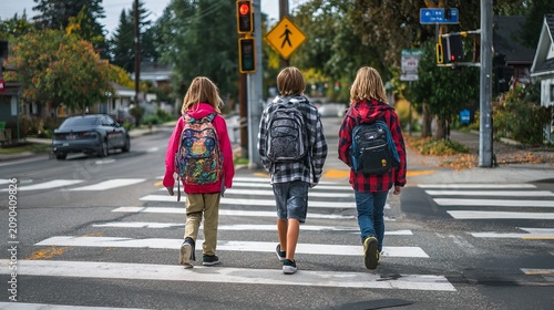 Three public school children walking to school at a pedestrian crossing safely crossing the road