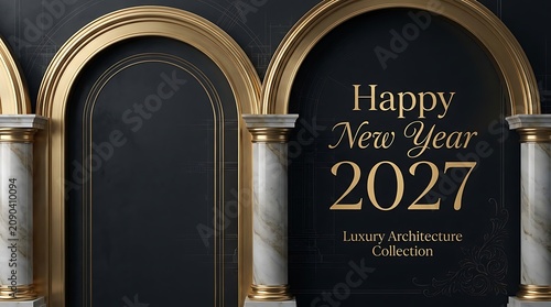 Happy new year 2027 greeting card featuring golden archways and marble columns in a dark architectural setting