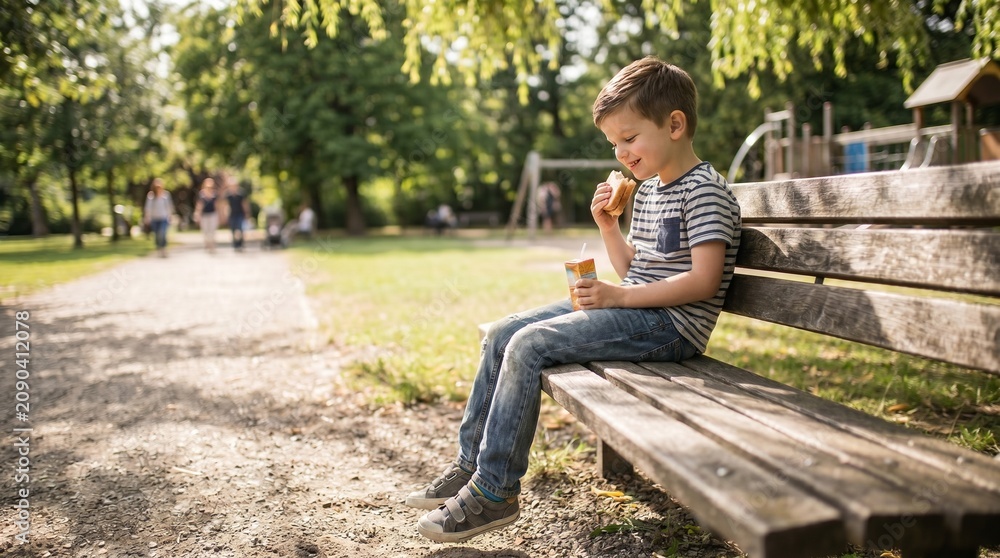 Obraz premium Boy eating snack on park bench
