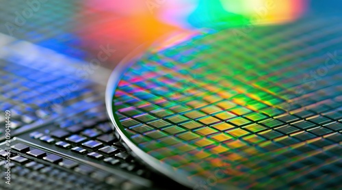 close up of silicon wafer with iridescent light reflections