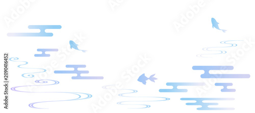 流水紋と金魚のフレームイラスト　和風　波紋　吉祥文様