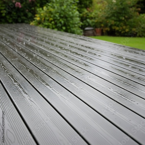 Wet Gray Wooden Deck Boards Glistering After Rain in Lush Garden