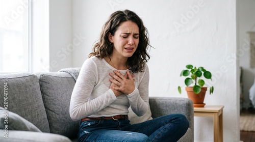 A distraught young woman with wavy brown hair wearing a white long sleeved shirt sits crying while holding her chest in deep emotional pain during a very difficult stressful moment.