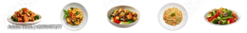 Panel kuchenny z motywem General Tso chicken, basil shrimp and tofu stir fry dishes on transparent background