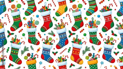 Colorful Christmas Stockings Filled with Candy Arranged in Festive Seamless Pattern