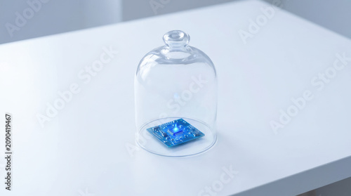 Ai safety technology microchip glass protection innovation circuit electronic secure modern blue transparent device isolated white table clean