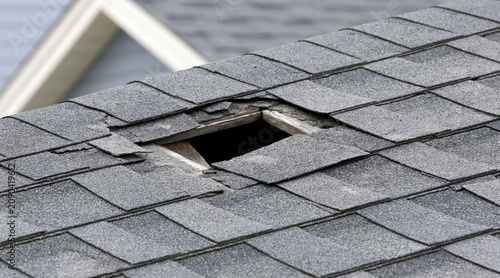Hole in asphalt shingle roof showing wooden structure