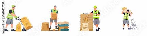 Flat illustration set of warehouse workers in high-visibility vests managing and transporting heavy sacks of grain and flour in a storage facility.