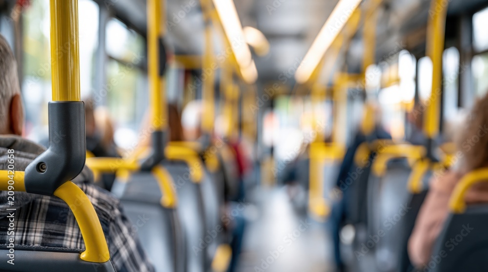 Fototapeta premium Interior of public bus with yellow grab bars and blurred passengers