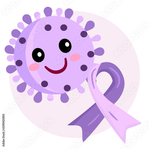 Cute HPV virus cartoon character with a purple ribbon icon. Human papillomavirus awareness, cervical cancer prevention, and medical education concept flat vector illustration.