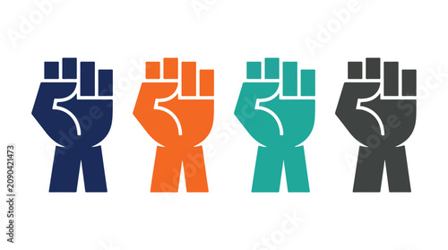 Four diverse fists raised in solidarity and protest, symbolizing unity, power, and social justice movements
