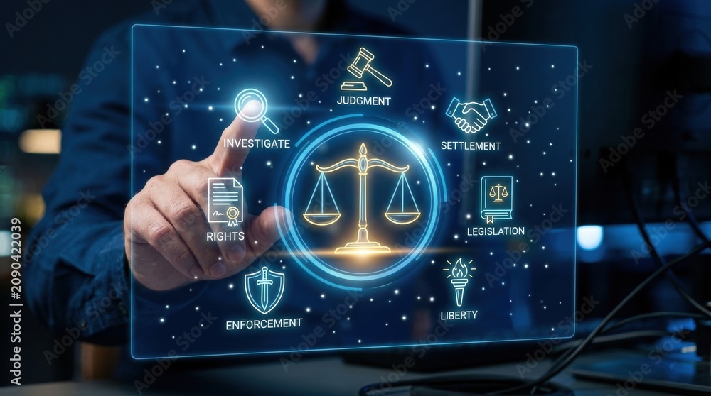 Fototapeta premium Futuristic Legal Technology Concept with Holographic Law Symbols on Digital Interface Environment justice