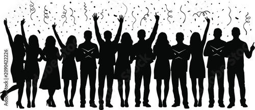 Group of people silhouettes celebrating with raised arms and falling confetti for festive party event illustration