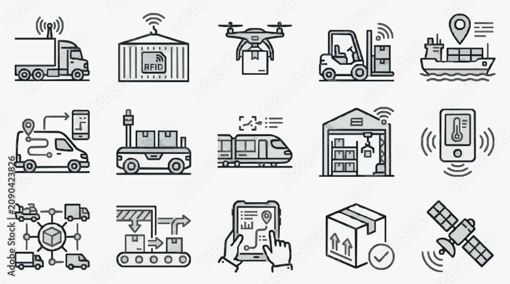 Fototapeta premium Professional Black and White Line Icons Set Featuring Logistics Transportation IoT and Smart Technology Concepts