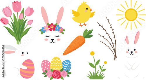Konstfotografi Cute Easter and Spring Clipart Element Set with Bunny Rabbit Colorful Painted Eg