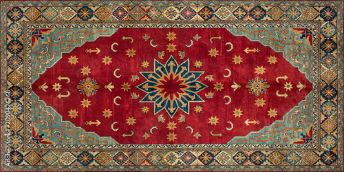 Traditional Turkish Carpet Displayed on a Rooftop with Vintage Oriental Floral Ornament Pattern and Antique Textile Mosaic Design Background
