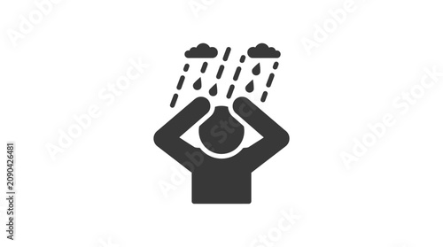Person standing under raining clouds silhouette icon.