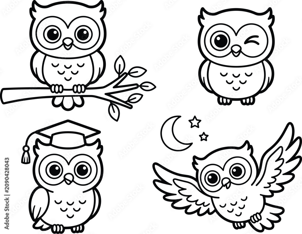 Fototapeta premium Cute Owl Coloring Page Collection Vector Set with Flying Winking Graduation and Perched Owls Simple Outline Illustrations for Kids