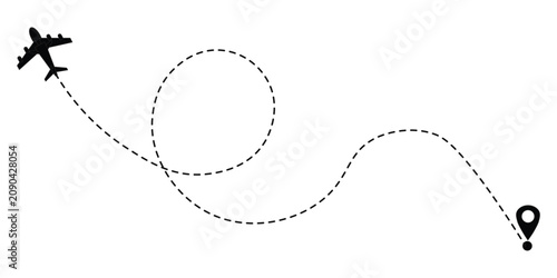 Airplane line path vector icon of air plane flight route with start point and dash line trace