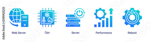 Foto Server Performance icon set vector illustration featuring web hosting,cpu optimization,and server maintenance concepts