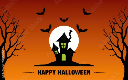 Happy halloween illustration with haunted house and bats
