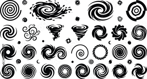 Canvas Print Abstract spiral swirl vector icon set featuring dynamic black whirlpools hurricane vortex twister storms and hypnotic geometry shapes