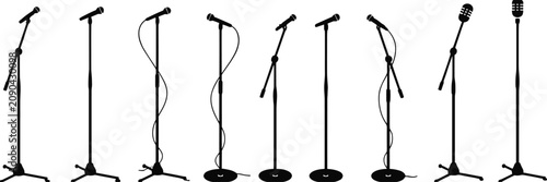 Foto Collection of black microphone stands with different cable shapes on white backg
