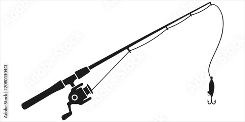 Fotografie Silhouette of a fishing rod with reel and lure on white background Keywords: fis